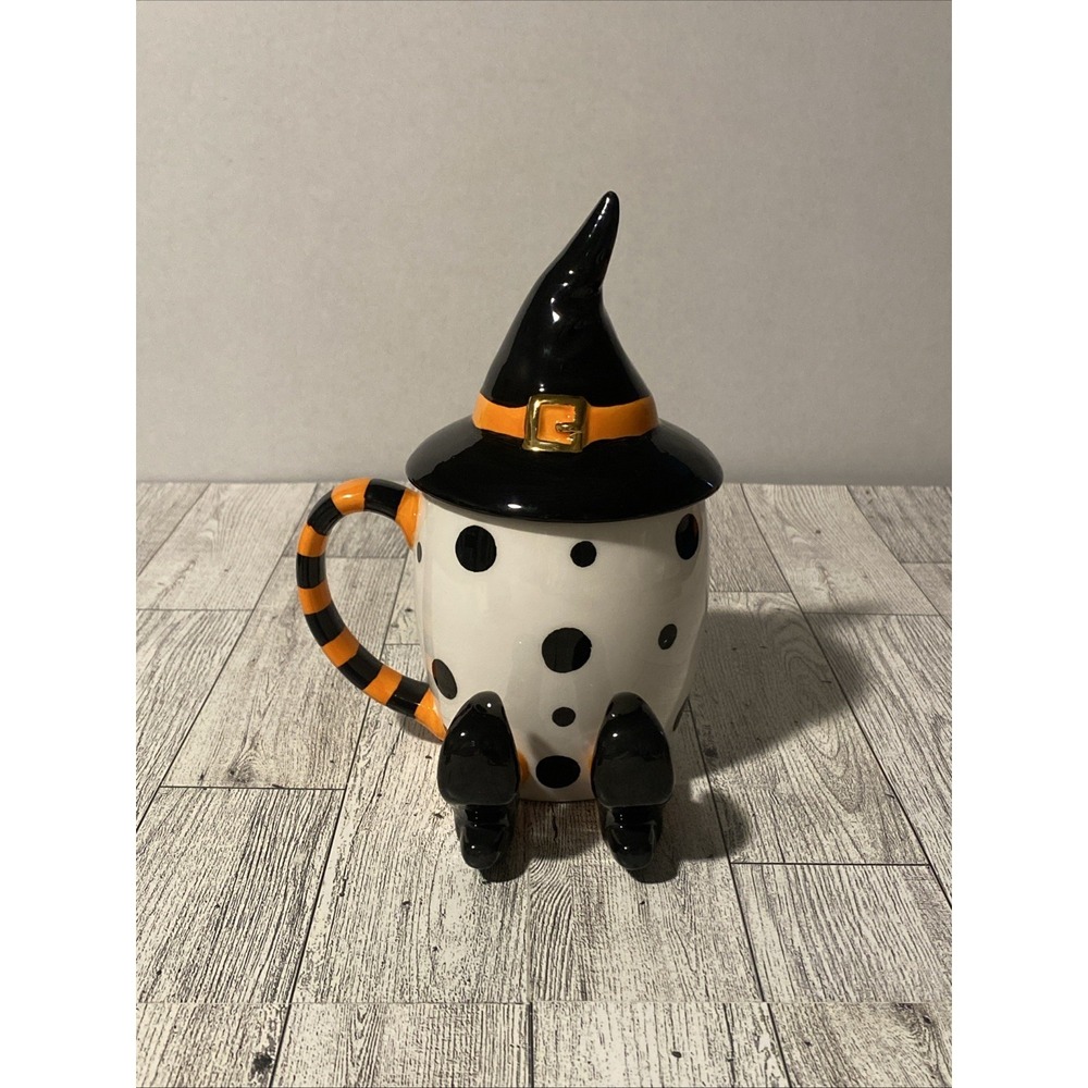 Black/white Polka Dot Halloween Mug W/Witch Legs & Hat Lid Jack-O-Lantern Lane